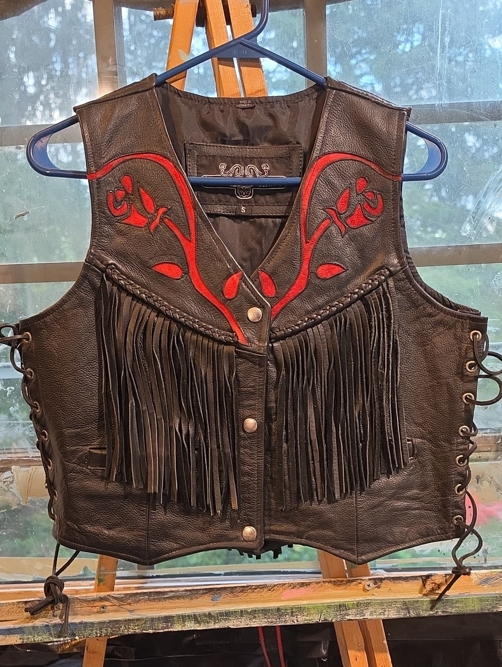 Retro Leather Fringe Vest with Red Floral Suede Details - Leather Gallery (OBO)